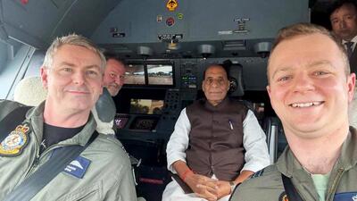 Defence Minister Rajnath Singh onboard KC-30A Royal Australian Air Force multirole tanker transport aircraft, witnessing air-to-air refuelling of F-35 while travelling from Sydney to Canberra, on Thursday. (@DefenceMinIndiaX) Defence Minister Rajnath Singh onboard KC-30A Royal Australian Air Force multirole tanker transport aircraft, witnessing air-to-air refuelling of F-35 while travelling from Sydney to Canberra, on Thursday. (@DefenceMinIndiaX)