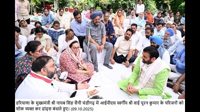 Haryana CM Nayab Singh Saini at the residence of Amneet Kumar, wife of IGP Y Puran Kumar, in Chandigarh. (HT Photo) Haryana CM Nayab Singh Saini at the residence of Amneet Kumar, wife of IGP Y Puran Kumar, in Chandigarh. (HT Photo)