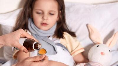 Horizontal photo of unknown hand pouring liquid into spoon from little bottle with syrup, person caring about child lying in bed with flu and sore throat, being upset. Children and health concept. Horizontal photo of unknown hand pouring liquid into spoon from little bottle with syrup, person caring about child lying in bed with flu and sore throat, being upset. Children and health concept.