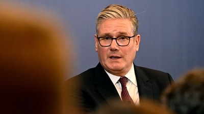 Britain's Prime Minister Keir Starmer speaks at a press conference in Mumbai on October 9, 2025. (Photo by Leon Neal / POOL / AFP) (AFP) Britain's Prime Minister Keir Starmer speaks at a press conference in Mumbai on October 9, 2025. (Photo by Leon Neal / POOL / AFP) (AFP)