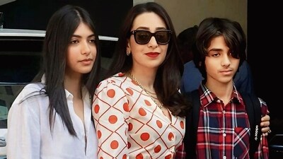 Karisma Kapoor with daughter Samaira and son Kiaan Raj. Karisma Kapoor with daughter Samaira and son Kiaan Raj.