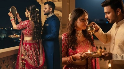 Google Gemini can generate dreamy Karwa Chauth couple images, from moonlit moments to cinematic shots. (@anu_sha_soulmate/Instagram)
