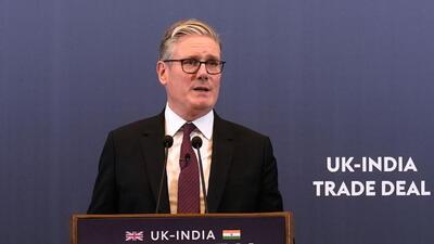 Keir Starmer, UK prime minister, during a news conference in Mumbai, India, on Thursday, Oct. 9, 2025. Indian Prime Minister Narendra Modi and Starmer pledged closer trade and defense ties on Thursday, as the two leaders seek to bolster their economies in the face of US tariffs. (Bloomberg) Keir Starmer, UK prime minister, during a news conference in Mumbai, India, on Thursday, Oct. 9, 2025. Indian Prime Minister Narendra Modi and Starmer pledged closer trade and defense ties on Thursday, as the two leaders seek to bolster their economies in the face of US tariffs. (Bloomberg)
