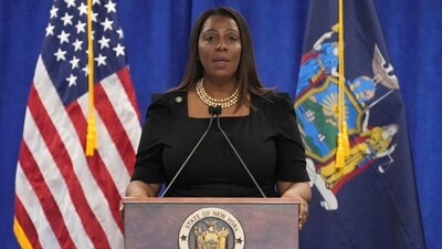 New York Attorney General Letitia James speaks during a press conference following a ruling against Trump (REUTERS)