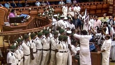 Opposition leaders hold a protest over the Sabarimala gold plating controversy in the Kerala Legislative Assembly in Thiruvananthapuram on Wednesday. (HT_PRINT) Opposition leaders hold a protest over the Sabarimala gold plating controversy in the Kerala Legislative Assembly in Thiruvananthapuram on Wednesday. (HT_PRINT)