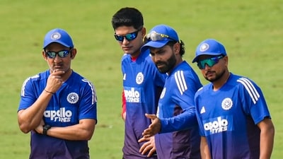 Earlier in the day, India had a practice session at the venue in New Delhi. Shubman Gill and Gautam Gambhir inspect the Arun Jaitley Stadium pitch alongside spinners Ravindra Jadeja and Kuldeep Yadav. (PTI) Earlier in the day, India had a practice session at the venue in New Delhi. Shubman Gill and Gautam Gambhir inspect the Arun Jaitley Stadium pitch alongside spinners Ravindra Jadeja and Kuldeep Yadav. (PTI)