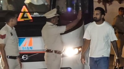 KL Rahul, fresh off just his second home century in Test cricket, was one of the first players to get off the team bus. (PTI) KL Rahul, fresh off just his second home century in Test cricket, was one of the first players to get off the team bus. (PTI)