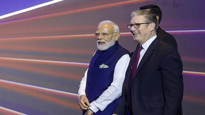 Prime Minister Narendra Modi with his British counterpart Keir Starmer during the ‘Global Fintech Fest 2025’, at the Jio World Centre, in Mumbai (PM India via PTI) Prime Minister Narendra Modi with his British counterpart Keir Starmer during the ‘Global Fintech Fest 2025’, at the Jio World Centre, in Mumbai (PM India via PTI)