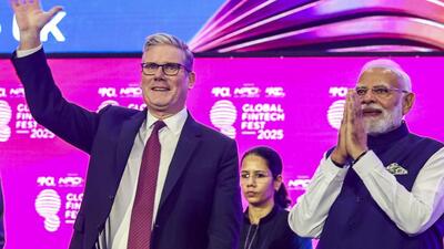 Prime Minister Narendra Modi with his British counterpart Keir Starmer during the ‘Global Fintech Fest 2025’, at the Jio World Centre, in Mumbai. (PTI) Prime Minister Narendra Modi with his British counterpart Keir Starmer during the ‘Global Fintech Fest 2025’, at the Jio World Centre, in Mumbai. (PTI)