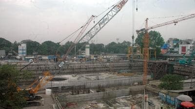 Pune, India - April 21, 2022: Metro station work at Swargate chauk in Pune, India, on Thursday, April 21, 2022. (HT PHOTO)