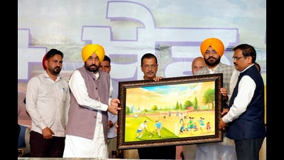 Punjab CM Bhagwant Mann with AAP national convener Arvind Kejriwal during the foundation stone laying ceremony of more than 3,000 sports fields in Bathinda on Thursday. (Sourced) Punjab CM Bhagwant Mann with AAP national convener Arvind Kejriwal during the foundation stone laying ceremony of more than 3,000 sports fields in Bathinda on Thursday. (Sourced)