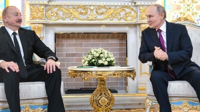 Russia's President Vladimir Putin meets with Azerbaijan's President Ilham Aliyev in Dushanbe on October 9, 2025. (AFP) Russia's President Vladimir Putin meets with Azerbaijan's President Ilham Aliyev in Dushanbe on October 9, 2025. (AFP)