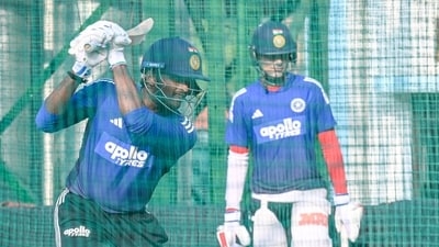 Sai Sudharsan has a hit in the net in Delhi while Shubman Gill watches on from the side. (Hindustan Times) Sai Sudharsan has a hit in the net in Delhi while Shubman Gill watches on from the side. (Hindustan Times)