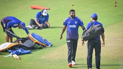 Jasprit Bumrah warms up during a practice session alongside staff members of the Indian coaching setup. (Hindustan Times) Jasprit Bumrah warms up during a practice session alongside staff members of the Indian coaching setup. (Hindustan Times)