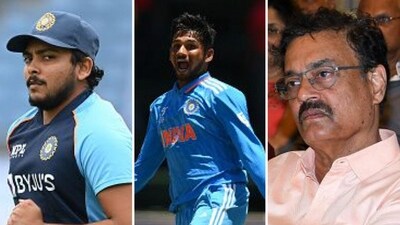 Dilip Vengsarkar, extreme right, will look into the altercation between Prithvi Shaw, left and Musheer Khan, middle (AFP Images) Dilip Vengsarkar, extreme right, will look into the altercation between Prithvi Shaw, left and Musheer Khan, middle (AFP Images)