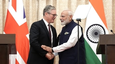 Britain's Prime Minister Keir Starmer and PM Narendra Modi shake hands after delivering a statement to the press at Raj Bhavan in Mumbai. (AP) Britain's Prime Minister Keir Starmer and PM Narendra Modi shake hands after delivering a statement to the press at Raj Bhavan in Mumbai. (AP)