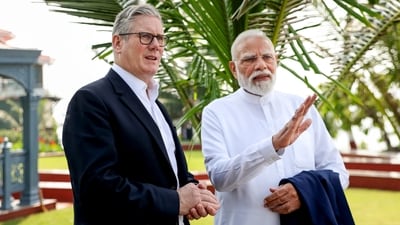 Prime Minister Narendra Modi during a meeting with his British counterpart Keir Starmer, in Mumbai. (Simon Dawson via PTI) Prime Minister Narendra Modi during a meeting with his British counterpart Keir Starmer, in Mumbai. (Simon Dawson via PTI)