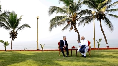 Prime Minister Narendra Modi, during a meeting with his British counterpart Keir Starmer, in Mumbai, where the UK leader pushed for the swift implementation of the free trade agreement. (PTI) Prime Minister Narendra Modi, during a meeting with his British counterpart Keir Starmer, in Mumbai, where the UK leader pushed for the swift implementation of the free trade agreement. (PTI)