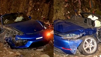Porsche crashes into divider in Mumbai after alleged race with BMW, driver injured (Screengrab from X/@ANI) Porsche crashes into divider in Mumbai after alleged race with BMW, driver injured (Screengrab from X/@ANI)
