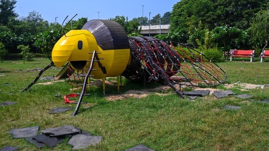 The insect-themed park will feature creative installations such as a spider rope climber, ant-shaped slides, caterpillar balance beams, and beehive spiral tunnels. (Vipin Kumar/ Hindustan Times))