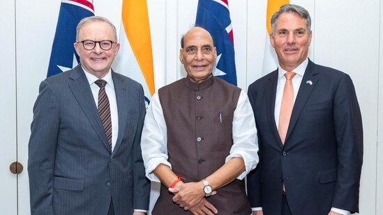 Defence Minister Rajnath Singh (centre) with Australia Prime Minister Anthony Albanese (left) during a meeting, in Canberra, Australia. (PTI)