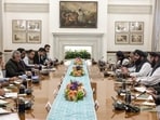 External affairs minister S Jaishankar and Afghanistan's foreign minister Mawlawi Amir Khan Muttaqi hold a delegation-level bilateral meeting in New Delhi on Friday. External affairs minister S Jaishankar and Afghanistan's foreign minister Mawlawi Amir Khan Muttaqi hold a delegation-level bilateral meeting in New Delhi on Friday.