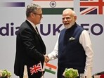 British Prime Minister Keir Starmer, left and Prime Minister of India Narendra Modi attend the India-UK CEO Forum at Jio World Convention Centre in Mumbai, India, Thursday, Oct. 9, 2025. AP/PTI(AP10_09_2025_000275A) (AP) British Prime Minister Keir Starmer, left and Prime Minister of India Narendra Modi attend the India-UK CEO Forum at Jio World Convention Centre in Mumbai, India, Thursday, Oct. 9, 2025. AP/PTI(AP10_09_2025_000275A) (AP)