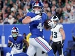 New York Giants running back Cam Skattebo scores a touchdown against the Philadelphia Eagles during the second quarter at MetLife Stadium. 