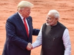 US President Donald Trump with Prime Minister Narendra Modi at Rashtrapati Bhavan, in New Delhi. US President Donald Trump with Prime Minister Narendra Modi at Rashtrapati Bhavan, in New Delhi.