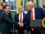 President Donald Trump shakes hands with AstraZeneca CEO Pascal Soriot in the Oval Office 