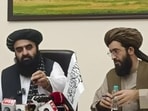 Taliban foreign minister Amir Khan Muttaqi was seated below a painting depicting the 6th century Buddha statues at Bamiyan that were destroyed on the orders of former Taliban chief Mullah Omar. (PTI) Taliban foreign minister Amir Khan Muttaqi was seated below a painting depicting the 6th century Buddha statues at Bamiyan that were destroyed on the orders of former Taliban chief Mullah Omar. (PTI)
