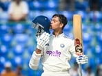 Yashasvi Jaiswal celebrates after completing his century during the first day of the Second and Final Test vs West Indies.