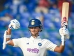 Yashasvi Jaiswal celebrates after completing 150 runs during the first day of the Second Test vs West Indies.