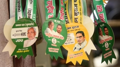 Election paraphernalia on display at a shop in Patna ahead of Bihar assembly polls 2025. (Santosh Kumar/ HT Photo)