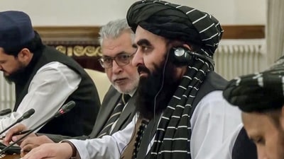 Afghanistan's foreign minister Amir Khan Muttaqi speaks during a bilateral meeting with external affairs minister S. Jaishankar in New Delhi on Friday. (ANI)