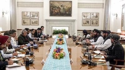 External affairs minister S Jaishankar and Afghanistan's foreign minister Mawlawi Amir Khan Muttaqi hold a delegation-level bilateral meeting in New Delhi on Friday. (ANI) External affairs minister S Jaishankar and Afghanistan's foreign minister Mawlawi Amir Khan Muttaqi hold a delegation-level bilateral meeting in New Delhi on Friday. (ANI)