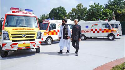 External Affairs Minister S Jaishankar and Afghanistan's Foreign Minister Amir Khan Muttaqi during the handover ceremony of five ambulances to Afghanistan as India's goodwill gesture, in New Delhi, on Friday. (ANI)