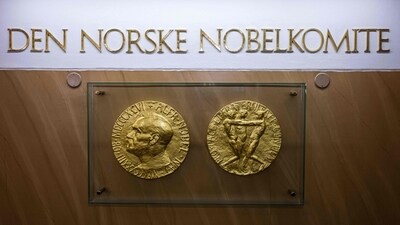 In Oslo, Norway shows replicas of the obverse and reverse of the Nobel Peace Prize medal displayed at The Norwegian Nobel Institute. The winner of the Nobel Peace Prize will be announced in Oslo on October 10, 2025. (AFP) In Oslo, Norway shows replicas of the obverse and reverse of the Nobel Peace Prize medal displayed at The Norwegian Nobel Institute. The winner of the Nobel Peace Prize will be announced in Oslo on October 10, 2025. (AFP)