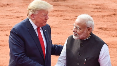 US President Donald Trump with Prime Minister Narendra Modi at Rashtrapati Bhavan, in New Delhi. (PTI File)