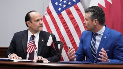 Defense Secretary Pete Hegseth meets with Qatar's Deputy Prime Minister and Minister of Defense Sheikh Saoud bin Abdulrahman al-Thani (REUTERS)