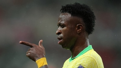 Vinicius Jr. celebrates scoring their fifth goal (REUTERS)