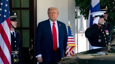 US President Donald Trump, arrives to greet Alexander Stubb, Finland's president, not pictured, outside the West Wing of the White House in Washington, DC, US. Photographer: Stefani Reynolds/Bloomberg (Bloomberg) US President Donald Trump, arrives to greet Alexander Stubb, Finland's president, not pictured, outside the West Wing of the White House in Washington, DC, US. Photographer: Stefani Reynolds/Bloomberg (Bloomberg)