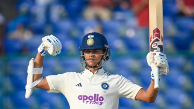 Yashasvi Jaiswal smacked 173 not out as India moved ominously towards a massive first-innings total in the second Test against the West Indies (Hindustan Times) Yashasvi Jaiswal smacked 173 not out as India moved ominously towards a massive first-innings total in the second Test against the West Indies (Hindustan Times)