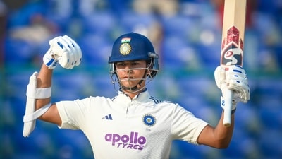Yashasvi Jaiswal of India celebrates after completing 150 runs. (Hindustan Times) Yashasvi Jaiswal of India celebrates after completing 150 runs. (Hindustan Times)