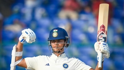 Yashasvi Jaiswal celebrates after completing 150 runs during the first day of the Second Test vs West Indies. (Hindustan Times) Yashasvi Jaiswal celebrates after completing 150 runs during the first day of the Second Test vs West Indies. (Hindustan Times)