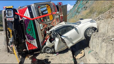 The mangled remains of the car following accident at the Jammu Srinagar National Highway, in Ramban on Friday. (ANI)