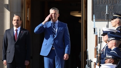 US Defense Secretary Pete Hegseth (R) and Qatari Defense Minister Sheikh Saoud bin Abdulrahman Al Thani met, after which the announcement was made about the Qatar facility at the Idaho Air Force base. (AFP) US Defense Secretary Pete Hegseth (R) and Qatari Defense Minister Sheikh Saoud bin Abdulrahman Al Thani met, after which the announcement was made about the Qatar facility at the Idaho Air Force base. (AFP)