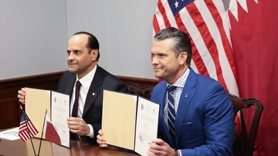 US Defense Secretary Pete Hegseth announced an agreement for the Qatari Emiri Air Force to build a facility at Mountain Home Air Force Base in Idaho alongside Qatari Defense Minister Sheikh Saoud bin Abdulrahman Al Thani. (Photo by Alex Wroblewski / AFP) (AFP) US Defense Secretary Pete Hegseth announced an agreement for the Qatari Emiri Air Force to build a facility at Mountain Home Air Force Base in Idaho alongside Qatari Defense Minister Sheikh Saoud bin Abdulrahman Al Thani. (Photo by Alex Wroblewski / AFP) (AFP)