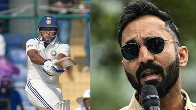 Sai Sudharsan, left, was shown no mercy by Dinesh Karthik (PTI/AFP) Sai Sudharsan, left, was shown no mercy by Dinesh Karthik (PTI/AFP)