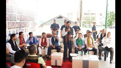 While the meetings in the national Capital, seen as the parleys before an acceptable name is decided, were being held, Meghalaya chief minister and National People’s Party chief Conrad Sangma, along with his MLAs, visited Manipur’s Kangpokpi district on Thursday (X-SangmaConrad) While the meetings in the national Capital, seen as the parleys before an acceptable name is decided, were being held, Meghalaya chief minister and National People’s Party chief Conrad Sangma, along with his MLAs, visited Manipur’s Kangpokpi district on Thursday (X-SangmaConrad)